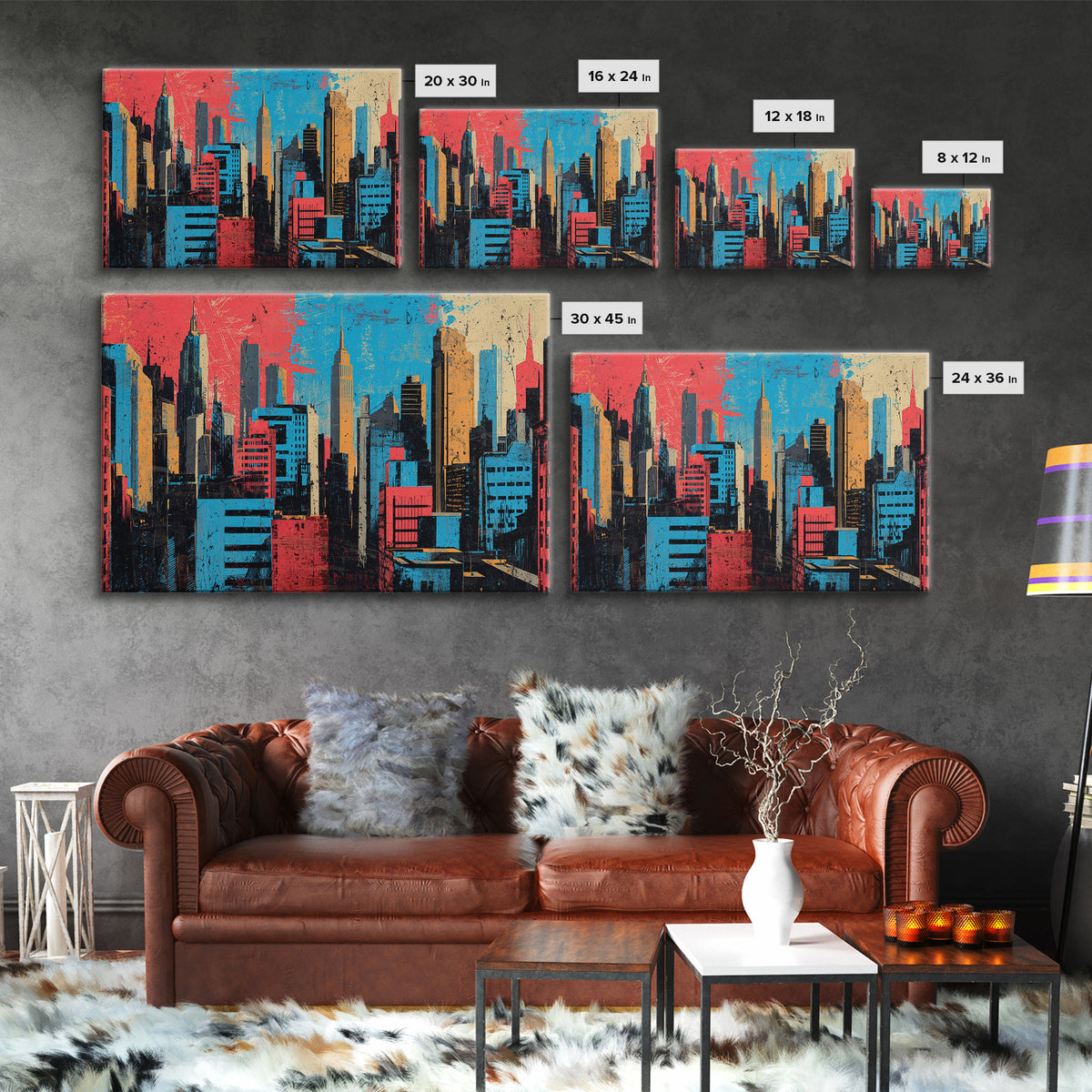 Urban Skyline Made from Stencil Layers Framed Canvas Print, Street Art, Abstract, Living Room Decor, Abstract Art, Urban, STR-3x2-90