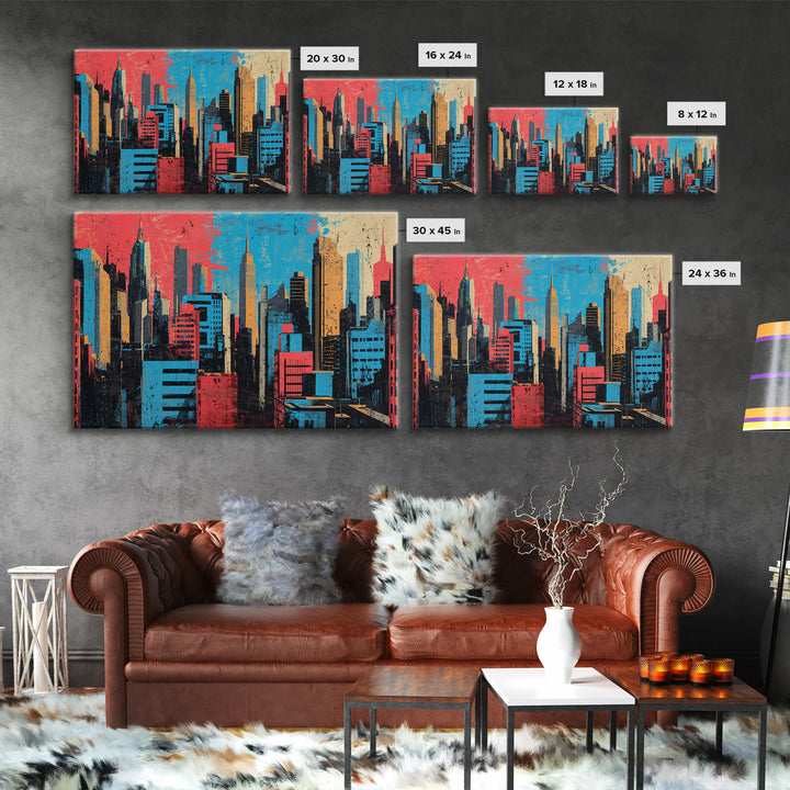 Urban Skyline Made from Stencil Layers Framed Canvas Print, Street Art, Abstract, Living Room Decor, Abstract Art, Urban, STR-3x2-90
