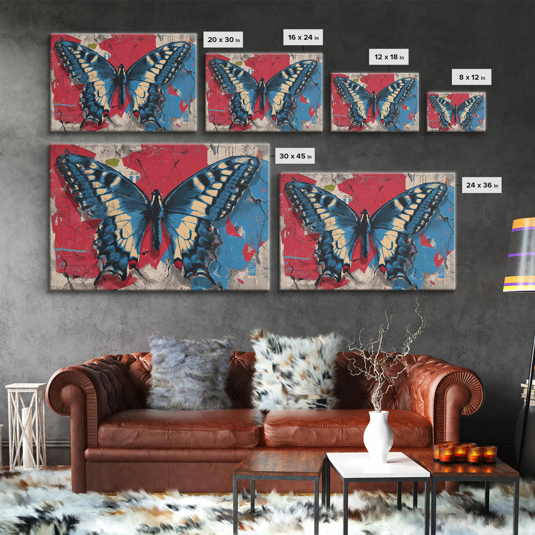 Spray Painted Butterfly on Cracked Concrete Framed Canvas Print, Street Art, Artwork, Living Room Decor, Fine Art, Urban, STR-3x2-99