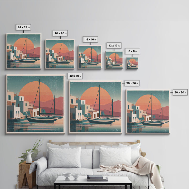 Greek Island Sailboat and Sun Poster Framed Canvas Print, Travel Poster(2), Luxury Decor, Living Room Decor, Fine Art, Voyage, TPO-1x1-40