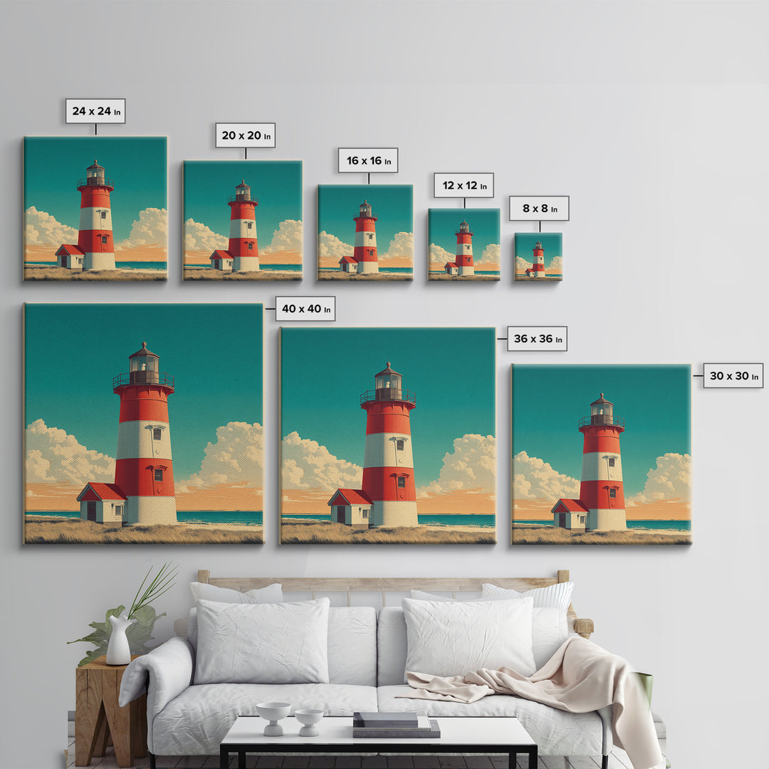 Cape Cod Lighthouse Summer Poster Framed Canvas Print, Travel Poster(2), Mid Century Wall Art, Living Room Decor, Voyage, TPO-1x1-42