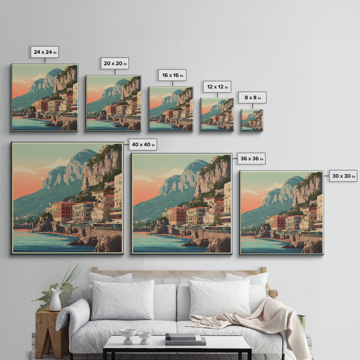 Retro Amalfi Coast Cliffs Canvas Print, Travel Poster(2), Map Print, Living Room Decor, Fine Art, Voyage, Boho Decor, TPO-1x1-50