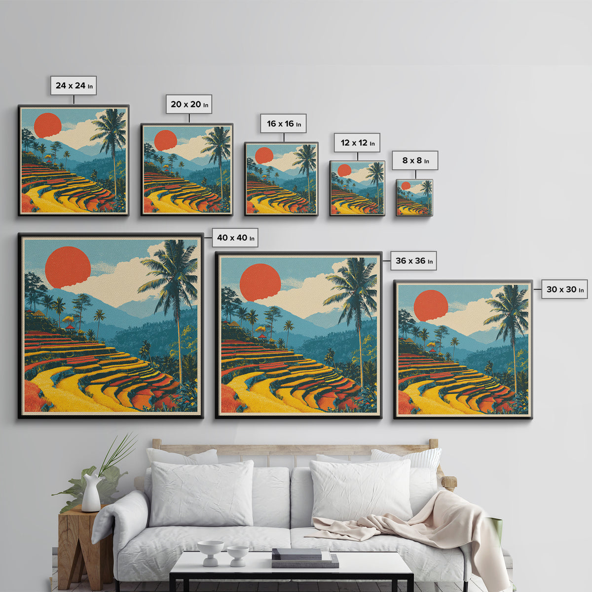 Bali Rice Terraces and Jungle Palms Framed Canvas Print, Travel Poster(2), Retro Poster, Living Room Decor, Fine Art, Voyage, TPO-1x1-61