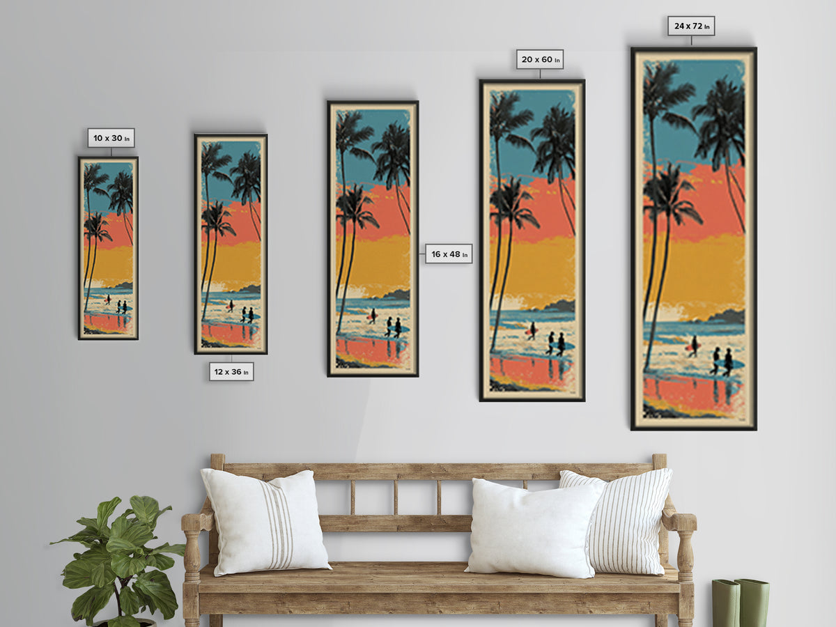 Hawaii Surf and Palm Tree Poster Framed Canvas Print, Travel Poster(2), Boho Decor, Living Room Decor, Fine Art, Voyage, TPO-1x3-45