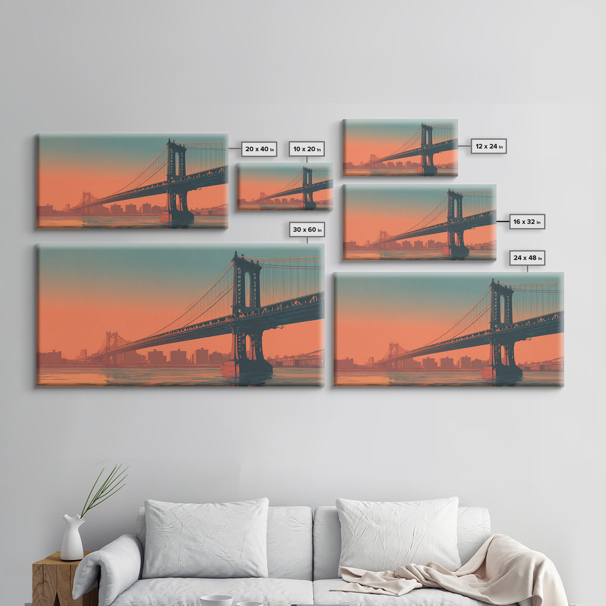 New York Bridge at Sunrise Framed Canvas Print, Travel Poster(2), Minimalist Decor, Living Room Decor, Fine Art, Voyage, TPO-2x1-50