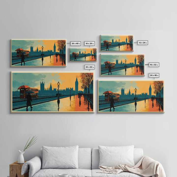 London Rainy Street Umbrella Graphic Canvas Print, Travel Poster(2), Contemporary Art, Living Room Decor, Fine Art, Voyage, TPO-2x1-78