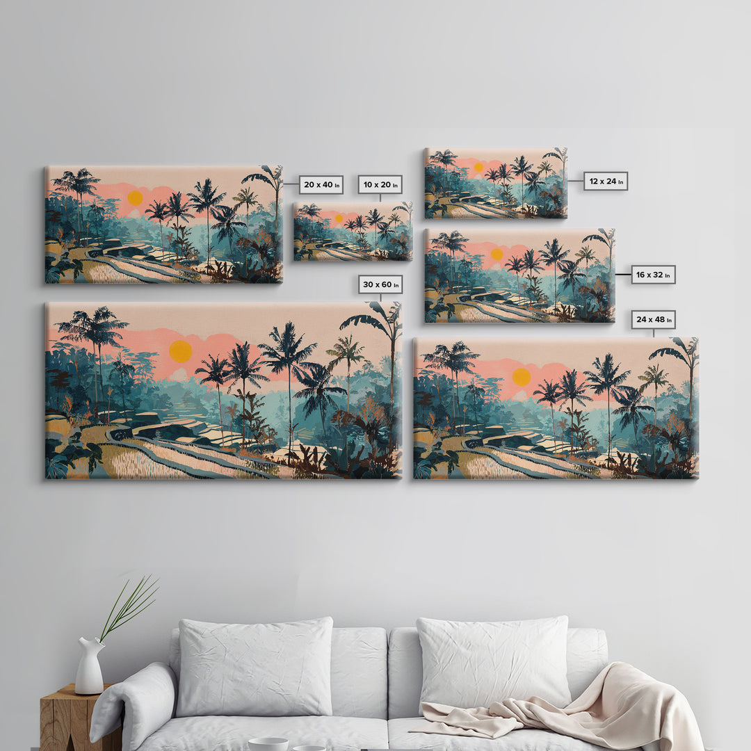 Bali Rice Terraces and Jungle Palms Framed Canvas Print, Travel Poster(2), Wall Hanging, Living Room Decor, Fine Art, Voyage, TPO-2x1-81