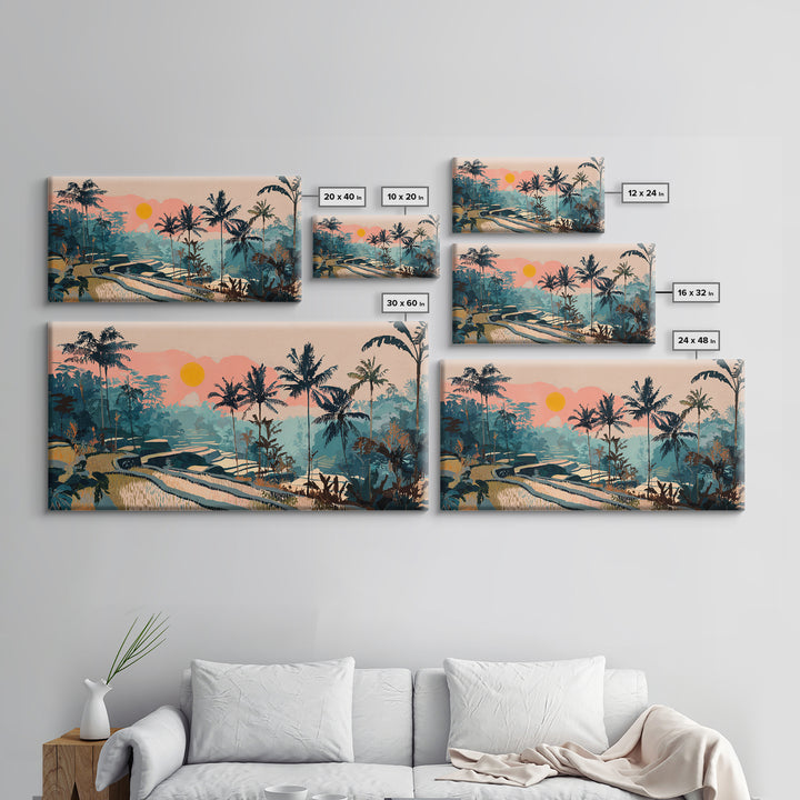 Bali Rice Terraces and Jungle Palms Framed Canvas Print, Travel Poster(2), Wall Hanging, Living Room Decor, Fine Art, Voyage, TPO-2x1-81