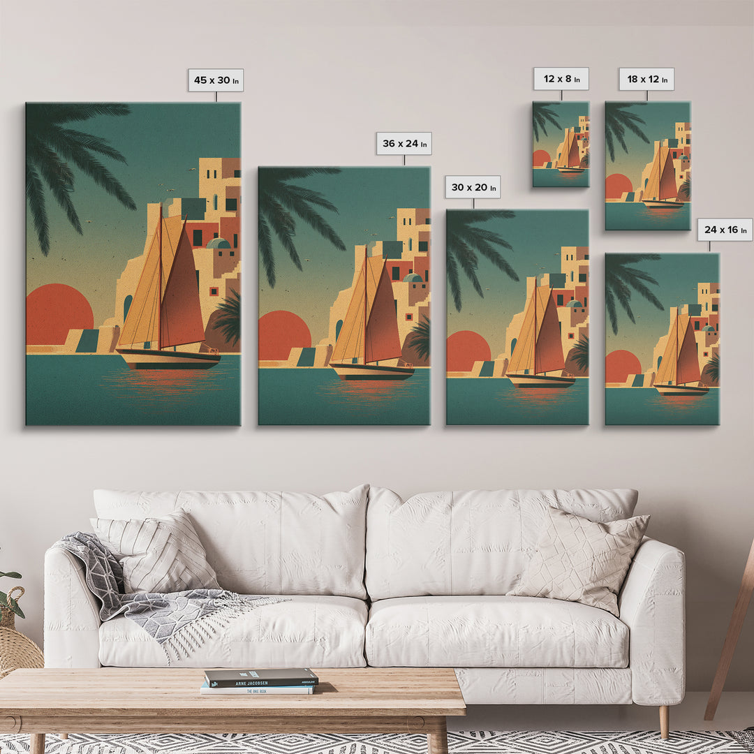 Greek Island Sailboat and Sun Poster Framed Canvas Print, Travel Poster(2), Map Print, Living Room Decor, Fine Art, Voyage, TPO-2x3-24