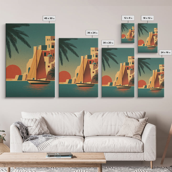 Greek Island Sailboat and Sun Poster Framed Canvas Print, Travel Poster(2), Map Print, Living Room Decor, Fine Art, Voyage, TPO-2x3-24