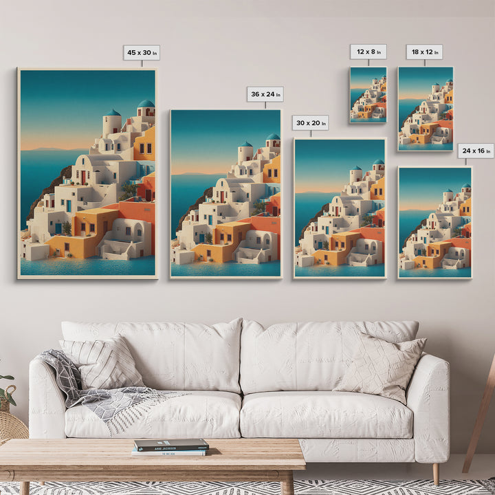 Santorini White Buildings and Cobalt Water Framed Canvas Print, Travel Poster(2), Landscape Art, Living Room Decor, Voyage, TPO-2x3-36