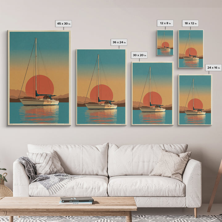 Greek Island Sailboat and Sun Poster Framed Canvas Print, Travel Poster(2), Statement Artwork, Living Room Decor, Voyage, TPO-2x3-48