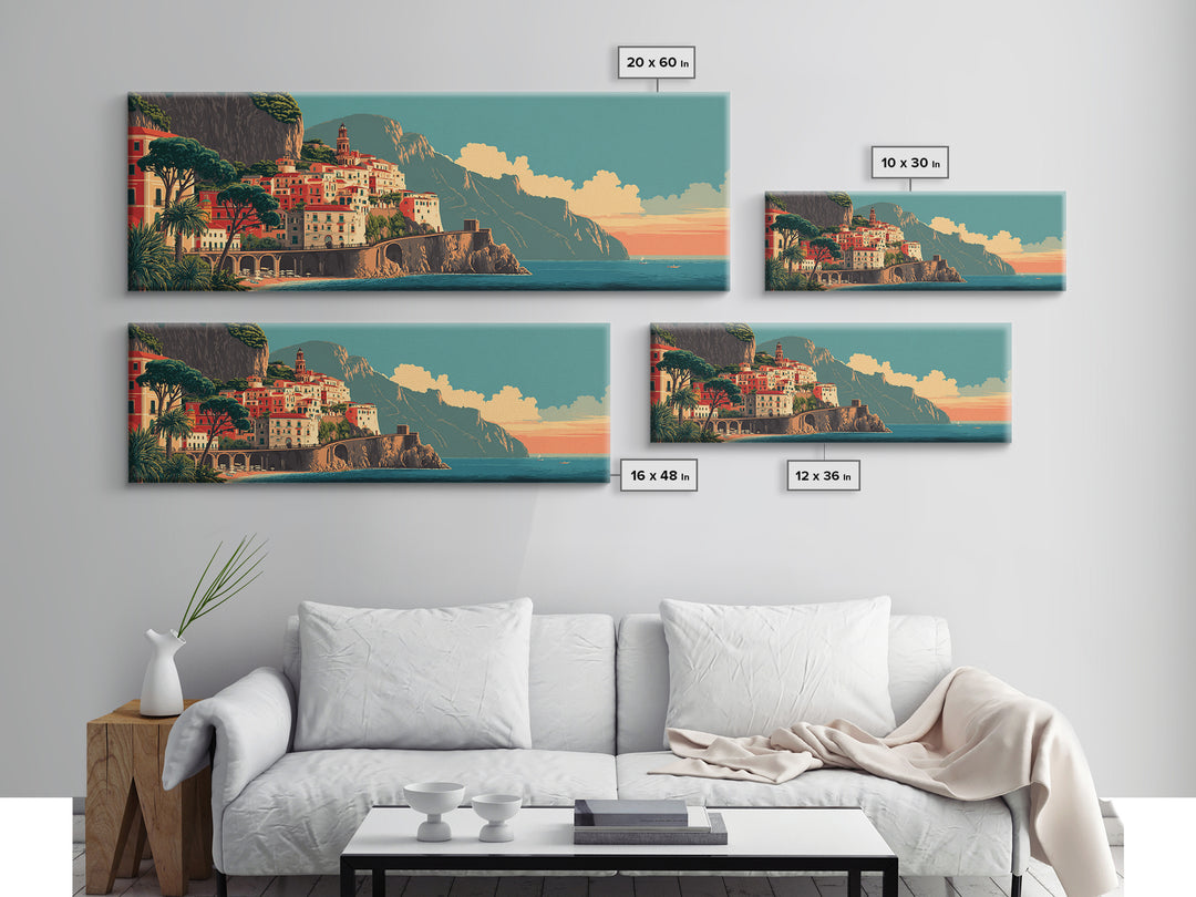 Retro Amalfi Coast Cliffs Framed Canvas Print, Travel Poster(2), Wall Hanging, Living Room Decor, Voyage, Landscape Art, TPO-3x1-18