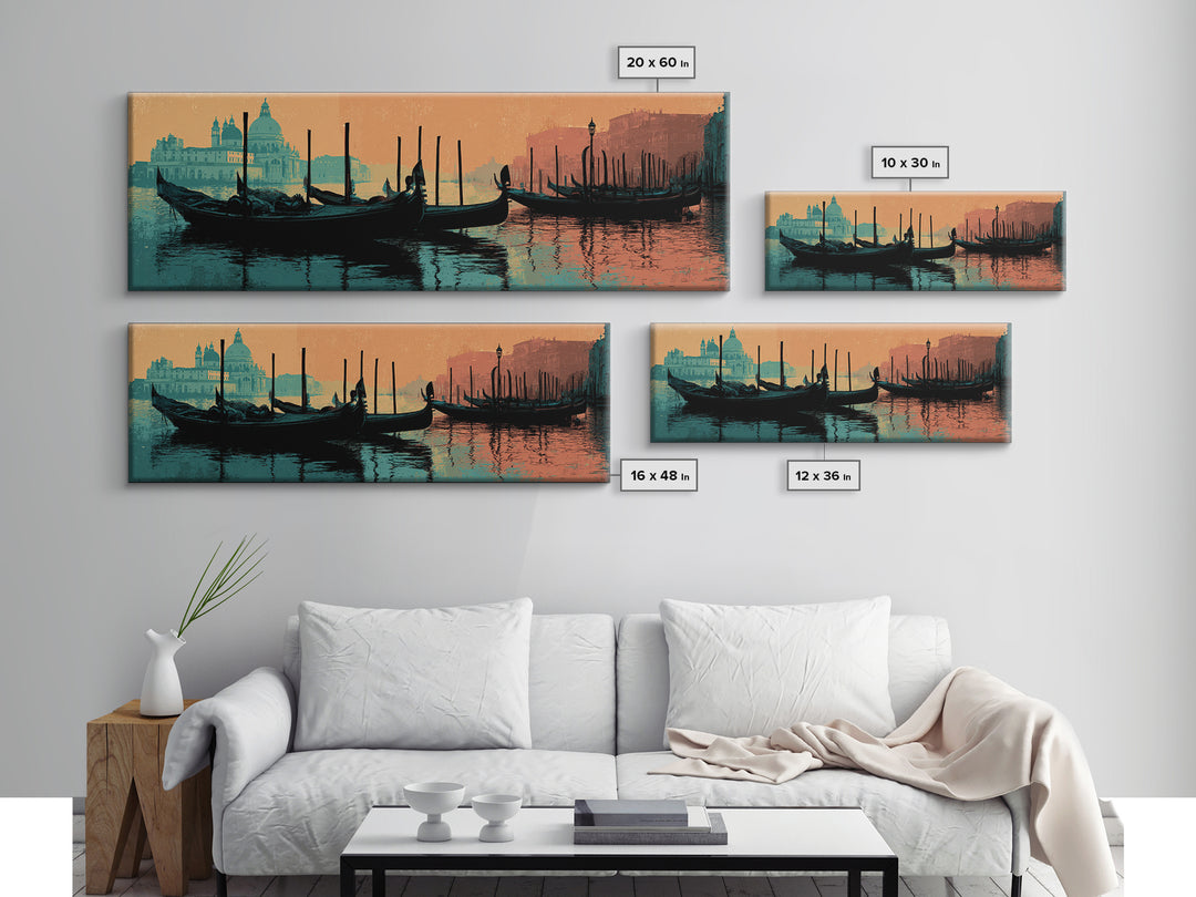 Venice Gondola Silhouette Framed Canvas Print, Travel Poster(2), Landscape Prints, Living Room Decor, Fine Art, Voyage, TPO-3x1-28