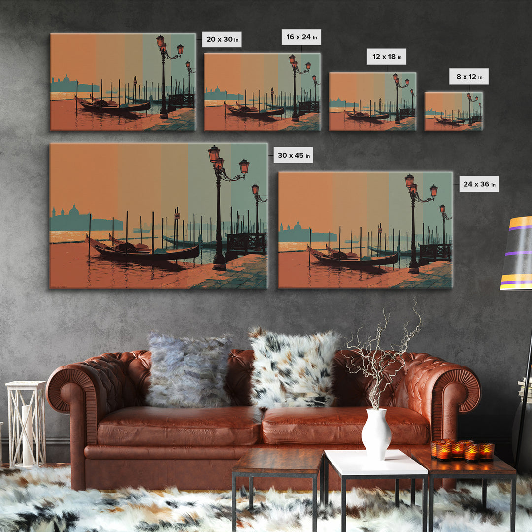 Venice Gondola Silhouette Framed Canvas Print, Travel Poster(2), Gallery Decor, Living Room Decor, Fine Art, Voyage, TPO-3x2-64