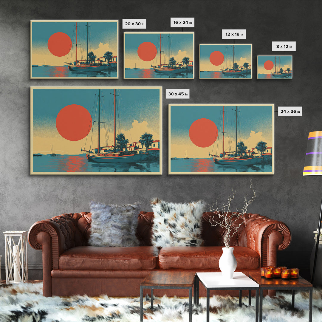 Greek Island Sailboat and Sun Poster Canvas Print, Travel Poster(2), Wall Decor, Living Room Decor, Fine Art, Voyage, TPO-3x2-68
