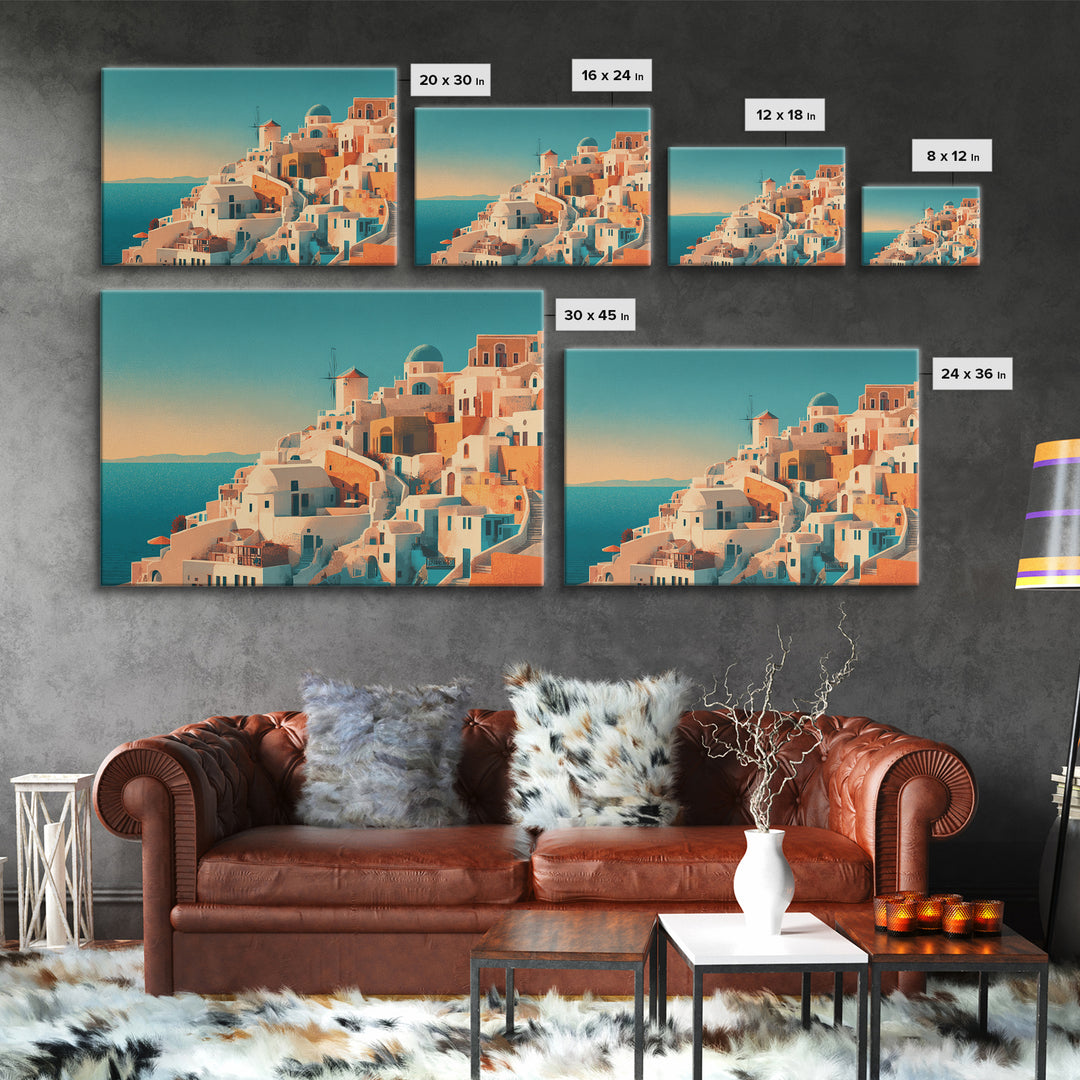 Santorini White Buildings and Cobalt Water Framed Canvas Print, Travel Poster(2), Retro Wall Art, Living Room Decor, Voyage, TPO-3x2-8