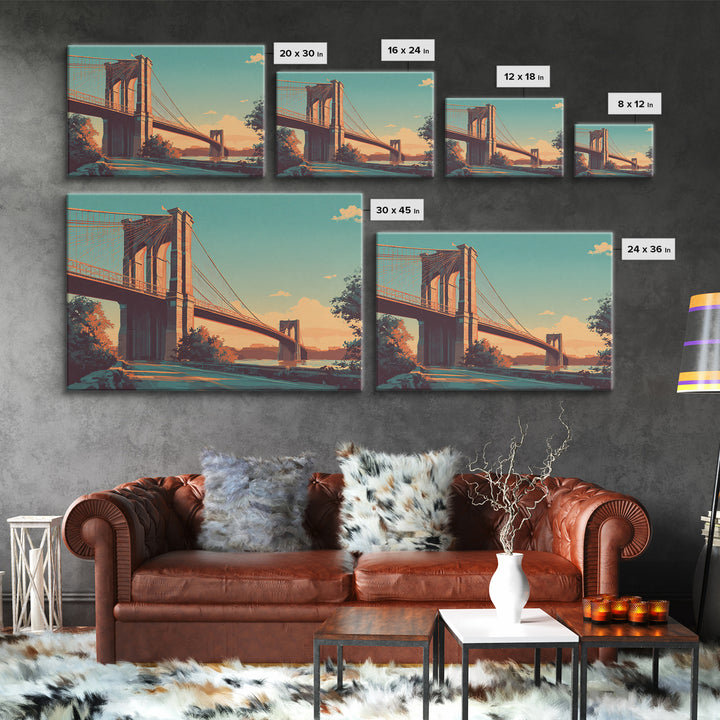 New York Bridge at Sunrise Framed Canvas Print, Travel Poster(2), Digital Download Art, Living Room Decor, Fine Art, Voyage, TPO-3x2-82