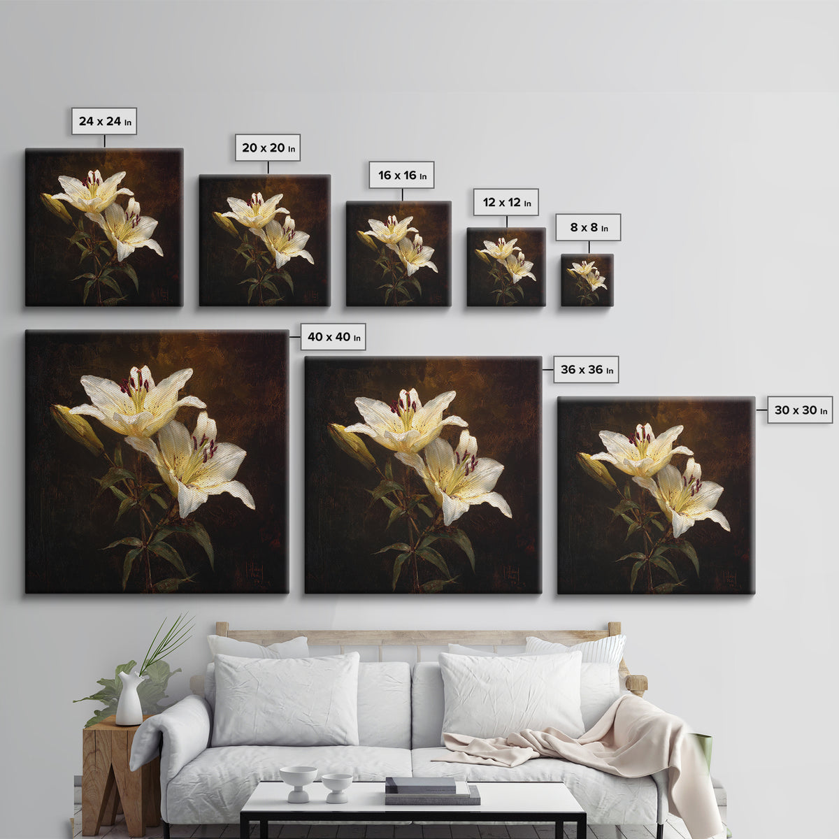White Lilies on Dark Background Canvas Print, Traditional Art, Digital Print, Living Room Decor, Oil Painting, Classic, TRA-1x1-15