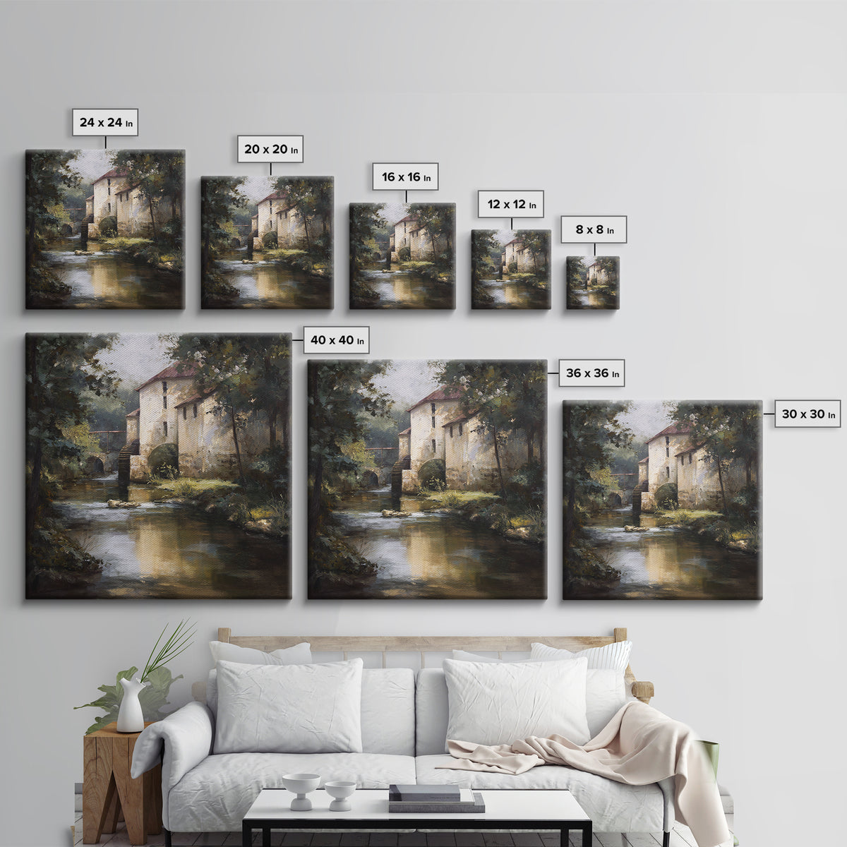 Watermill Beside a Quiet Stream Canvas Print, Traditional Art, Gallery Decor, Living Room Decor, Fine Art, Classic, Wall Art, TRA-1x1-17