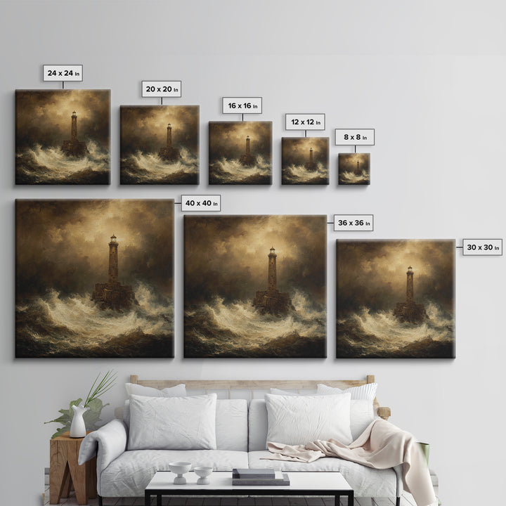 Lighthouse with Crashing Waves Framed Canvas Print, Traditional Art, Neutral Decor, Living Room Decor, Fine Art, Classic, TRA-1x1-21