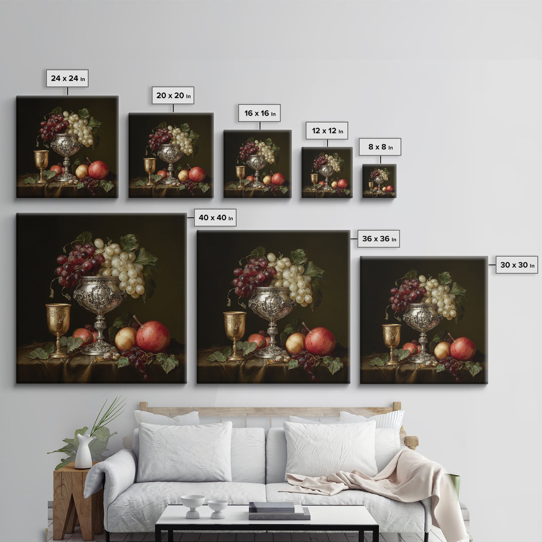 Dutch Fruit and Silver Goblet Still Life Framed Canvas Print, Traditional Art, Living Room Decor, Oil Painting, Classic, TRA-1x1-28