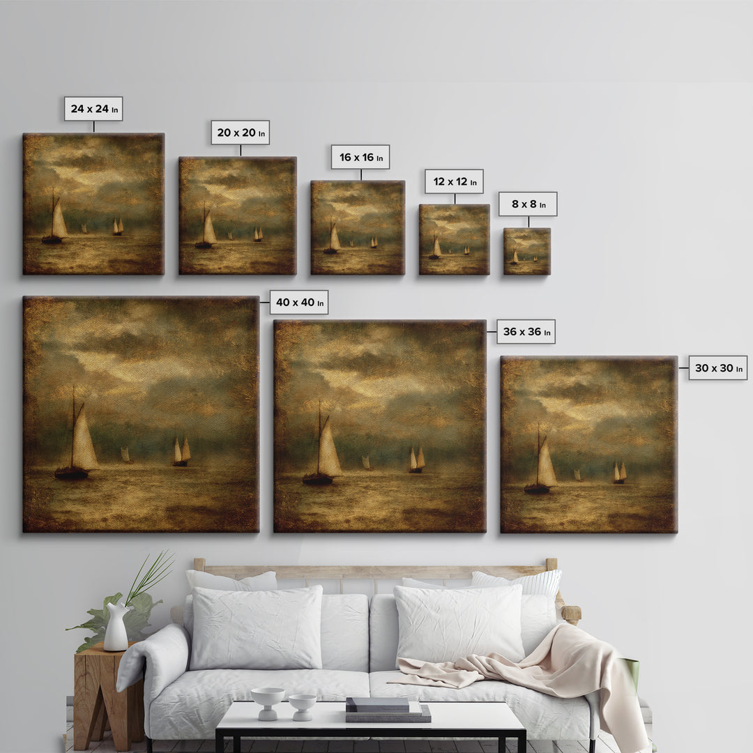 Seascape with Sailboats and Cloudy Sky Framed Canvas Print, Traditional Art, Textured Painting, Living Room Decor, Classic, TRA-1x1-29