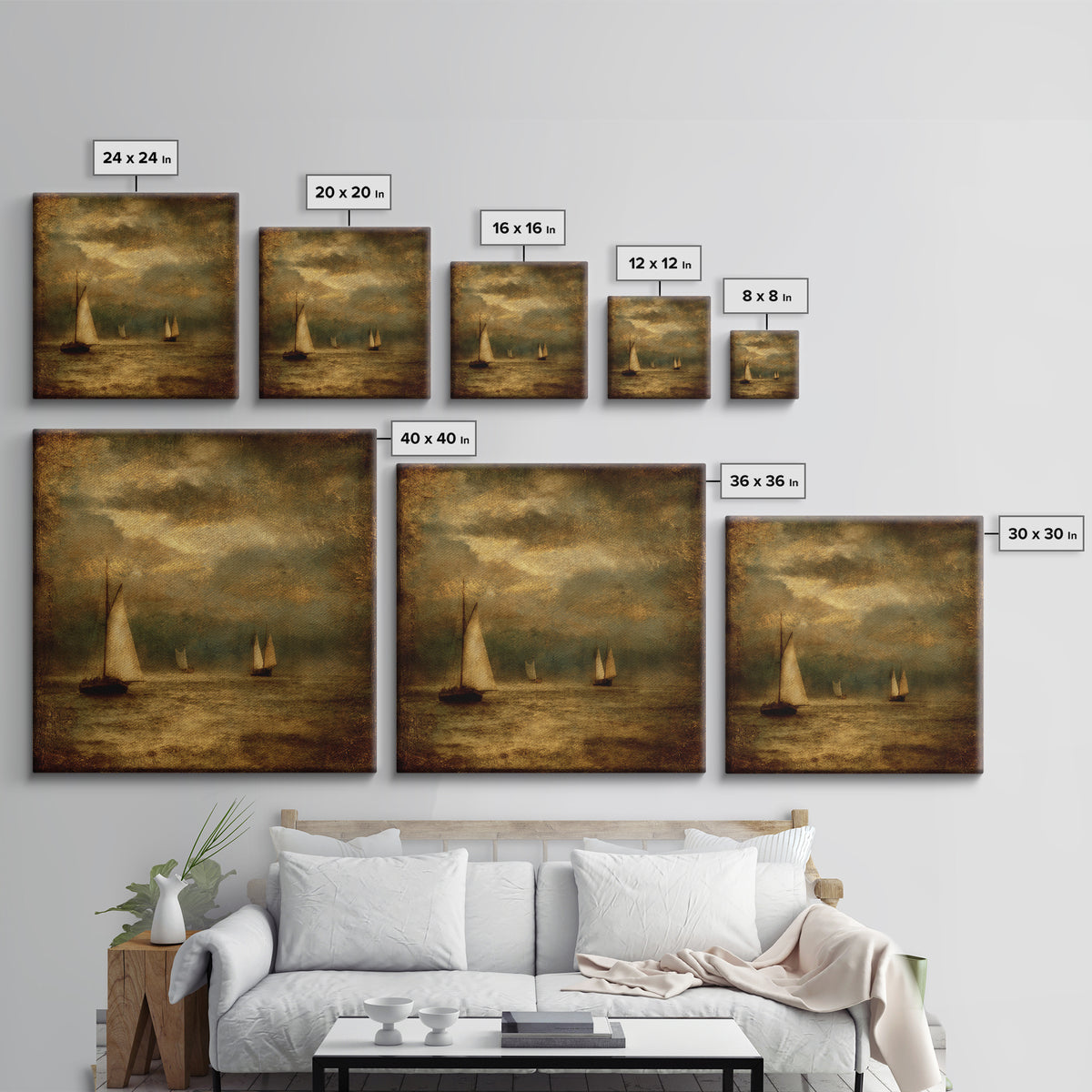 Seascape with Sailboats and Cloudy Sky Framed Canvas Print, Traditional Art, Textured Painting, Living Room Decor, Classic, TRA-1x1-29