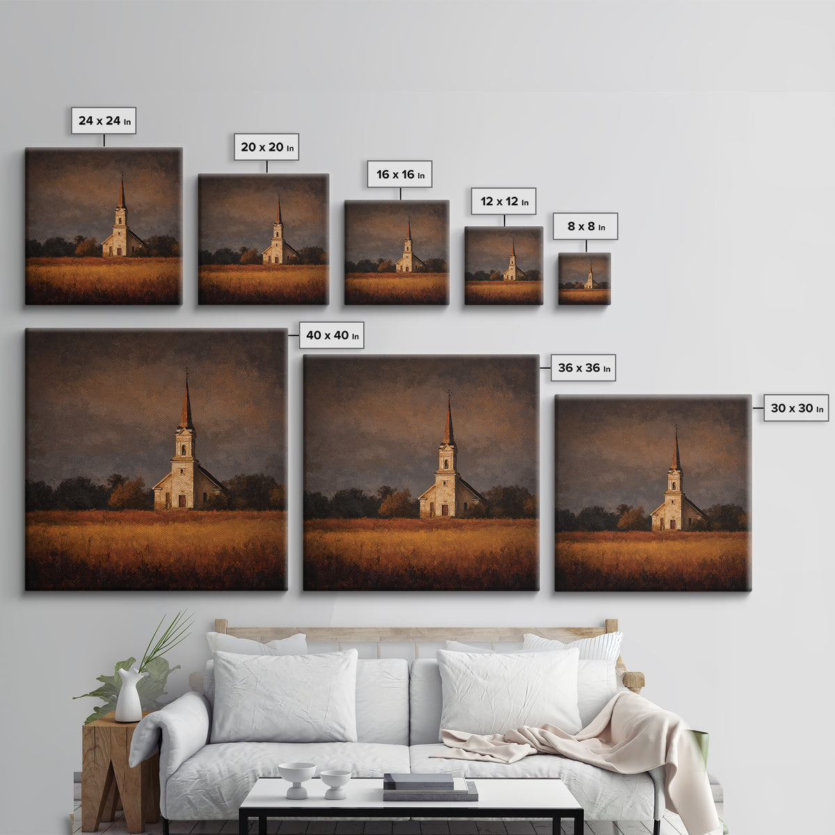 Church Steeple Across Rural Meadow Framed Canvas Print, Traditional Art, Boho Decor, Living Room Decor, Fine Art, Classic, TRA-1x1-37