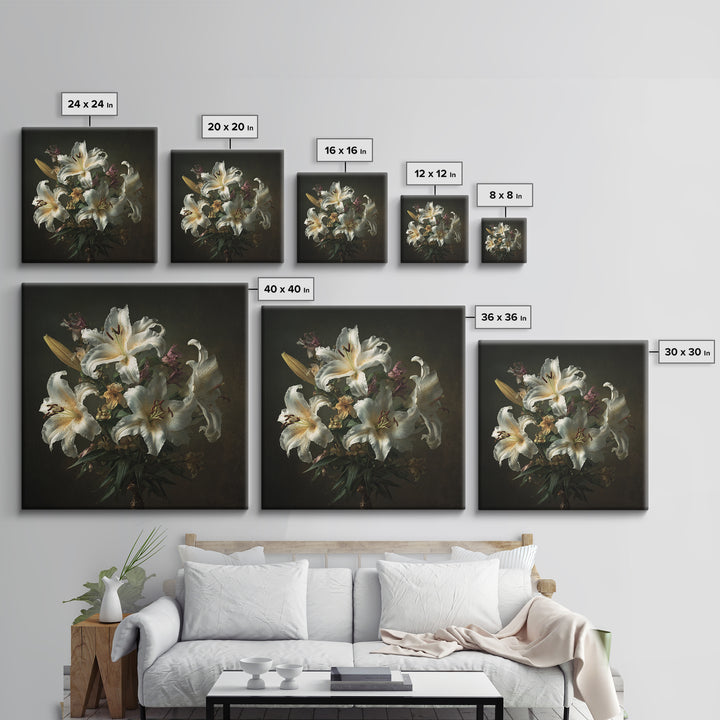 White Lilies on Dark Background Framed Canvas Print, Traditional Art, Custom Art, Living Room Decor, Fine Art, Classic, TRA-1x1-39