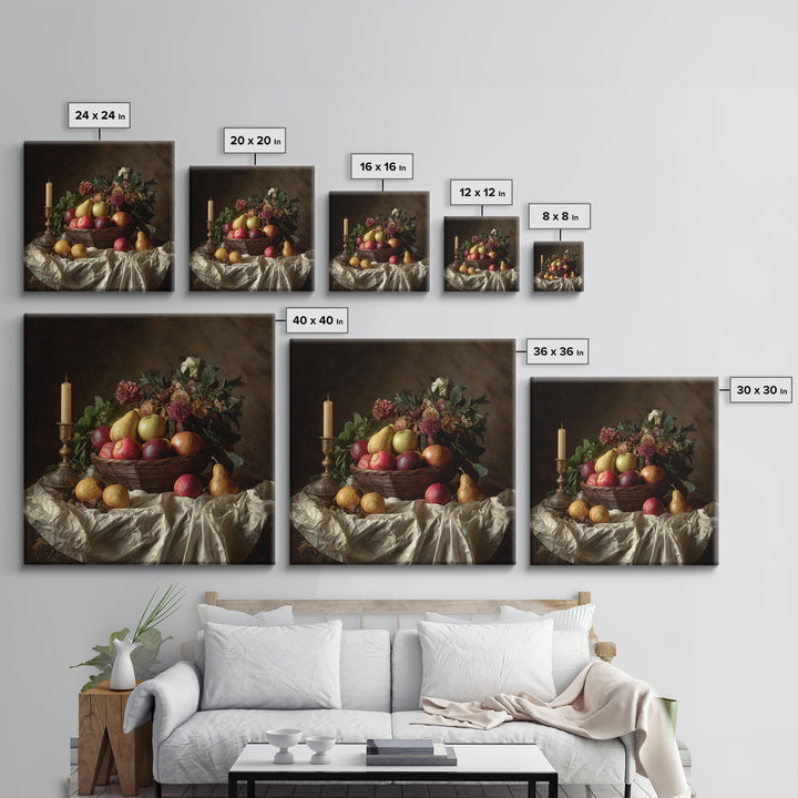 Basket of Apples and Pears on Linen Framed Canvas Print, Traditional Art, Landscape, Living Room Decor, Fine Art, Classic, TRA-1x1-42