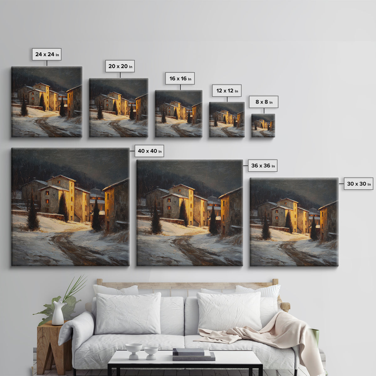 Snowy Village Landscape at Twilight Framed Canvas Print, Traditional Art, Furry Art, Living Room Decor, Fine Art, Classic, TRA-1x1-43