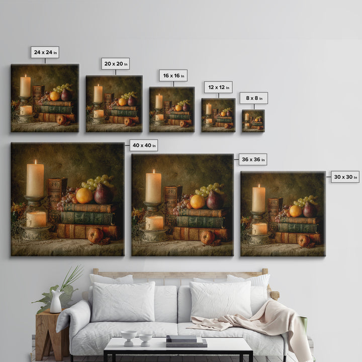 Still Life of Books Candle and Fruit Framed Canvas Print, Traditional Art, Boho, Living Room Decor, Fine Art, Classic, TRA-1x1-44