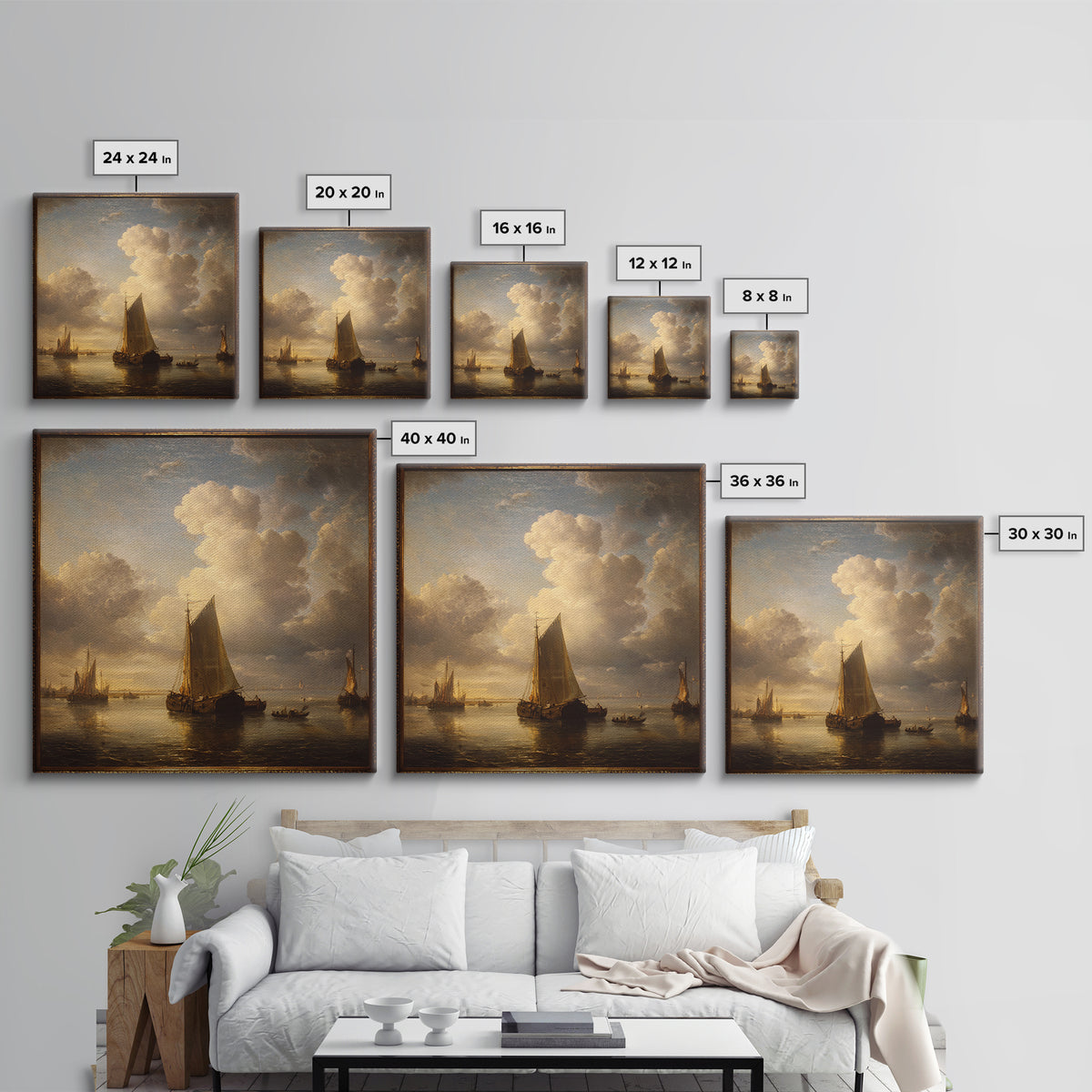 Seascape with Sailboats and Cloudy Sky Framed Canvas Print, Traditional Art, Textured Painting, Living Room Decor, Classic, TRA-1x1-53