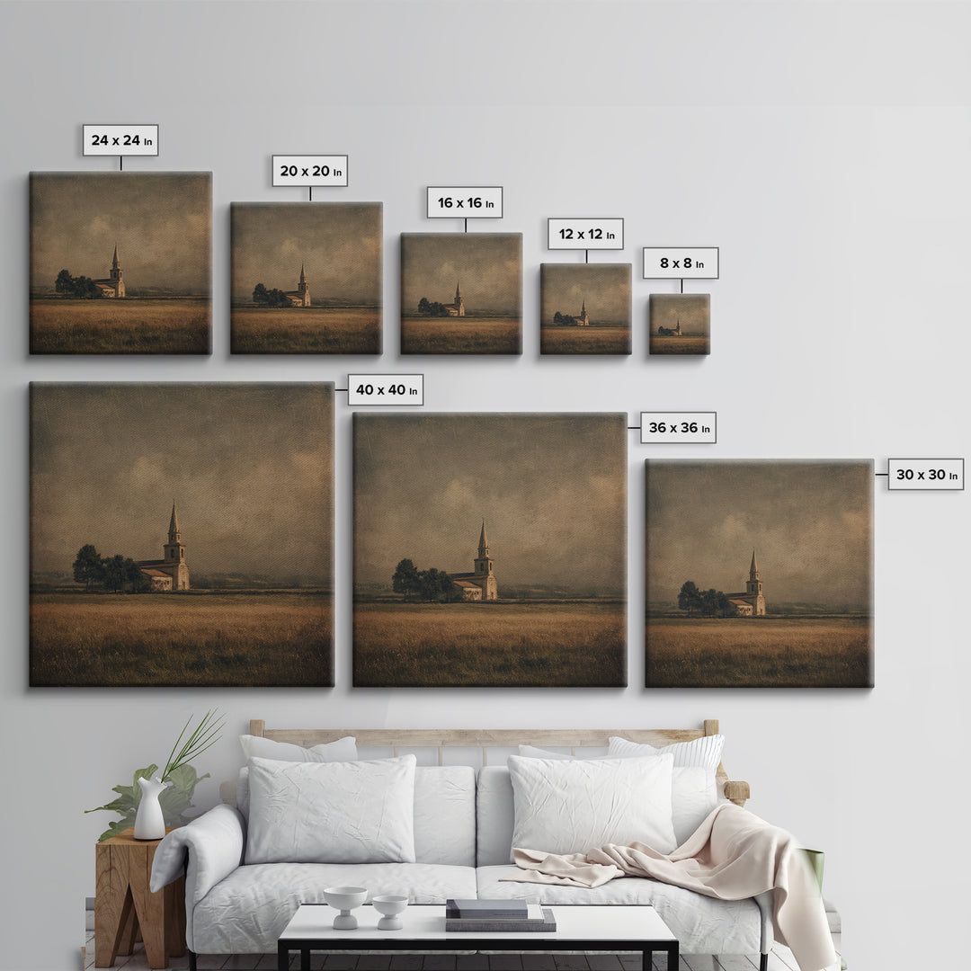 Church Steeple Across Rural Meadow Framed Canvas Print, Traditional Art, Boho Decor, Living Room Decor, Fine Art, Classic, TRA-1x1-61