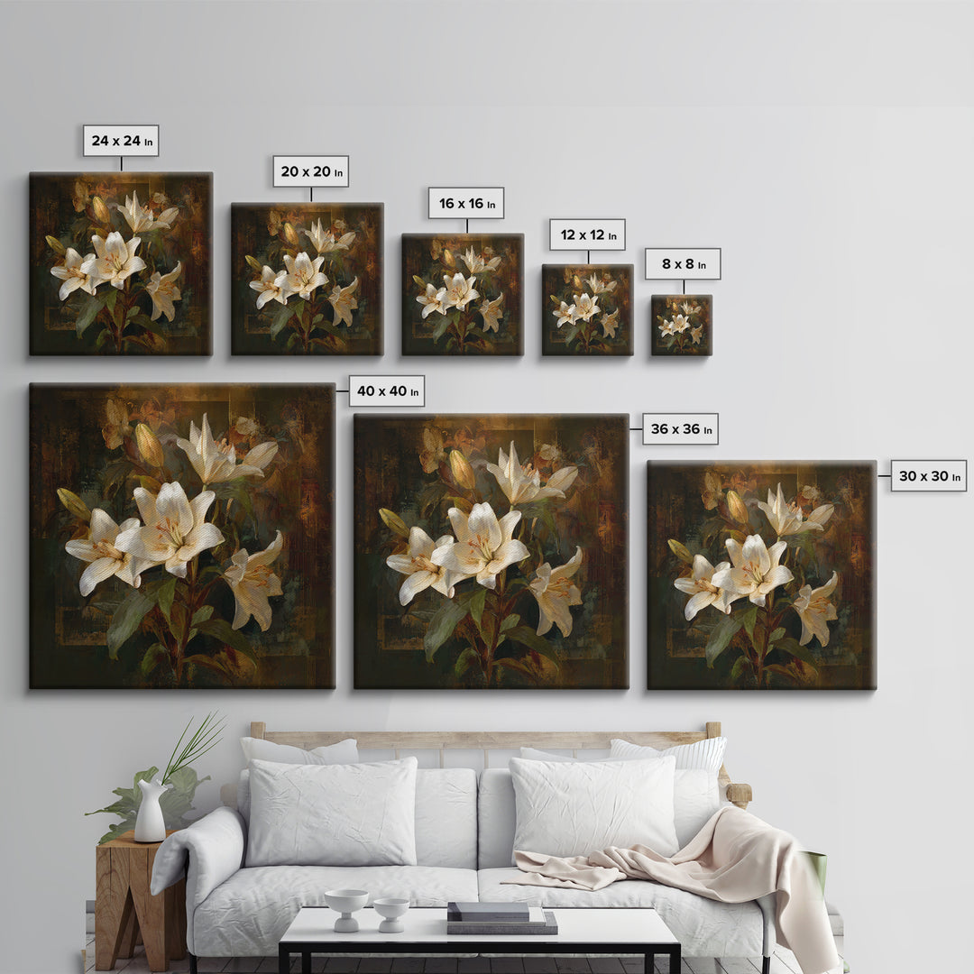 White Lilies on Dark Background Framed Canvas Print, Traditional Art, Neutral Decor, Living Room Decor, Fine Art, Classic, TRA-1x1-63