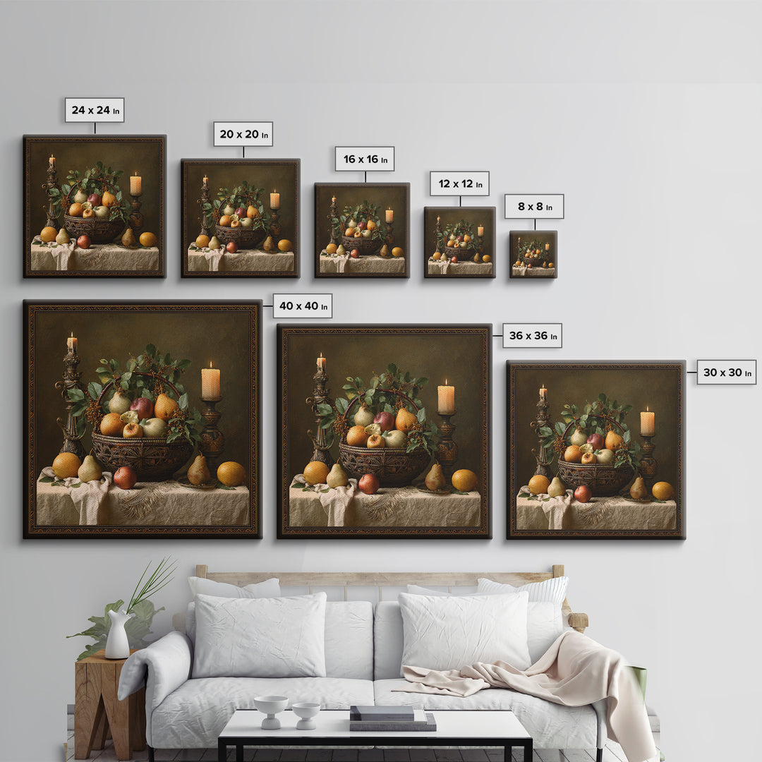 Basket of Apples and Pears on Linen Framed Canvas Print, Traditional Art, Landscape, Living Room Decor, Fine Art, Classic, TRA-1x1-66