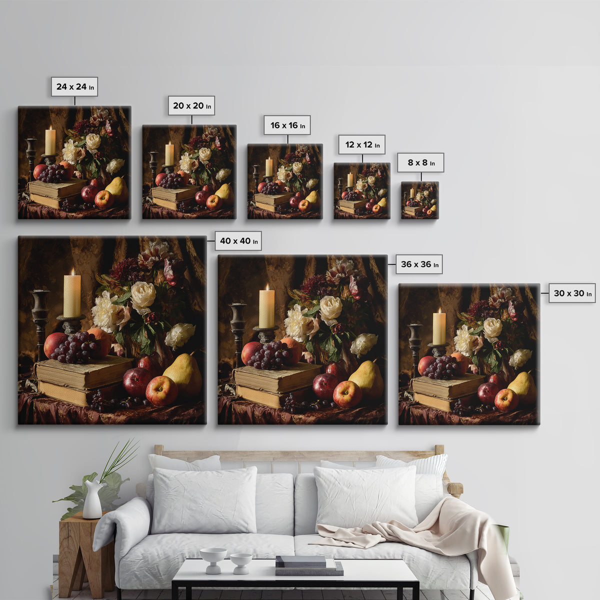 Still Life of Books Candle and Fruit Framed Canvas Print, Traditional Art, Watercolor Art, Living Room Decor, Fine Art, Classic, TRA-1x1-68