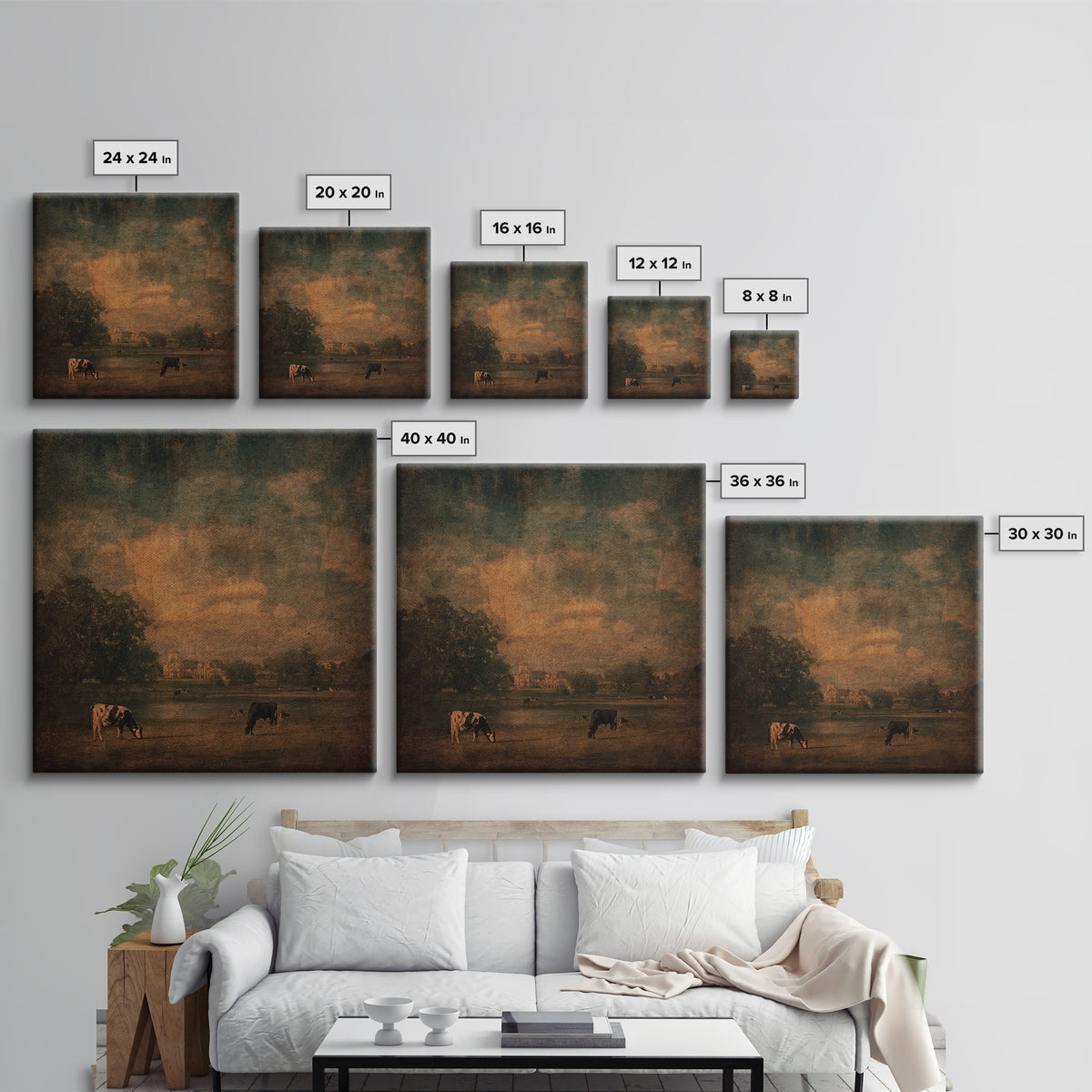 Pastoral Countryside with Cows in Field Framed Canvas Print, Traditional Art, Artwork, Living Room Decor, Fine Art, Classic, TRA-1x1-7