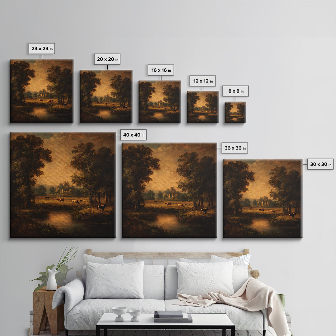Pastoral Countryside with Cows in Field Framed Canvas Print, Traditional Art, Boho Decor, Living Room Decor, Oil Painting, TRA-1x1-79