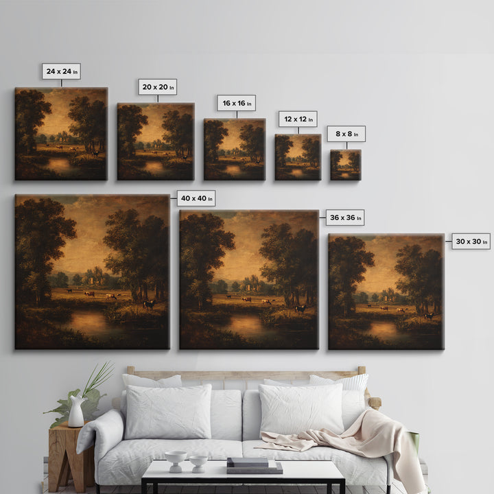 Pastoral Countryside with Cows in Field Framed Canvas Print, Traditional Art, Boho Decor, Living Room Decor, Oil Painting, TRA-1x1-79