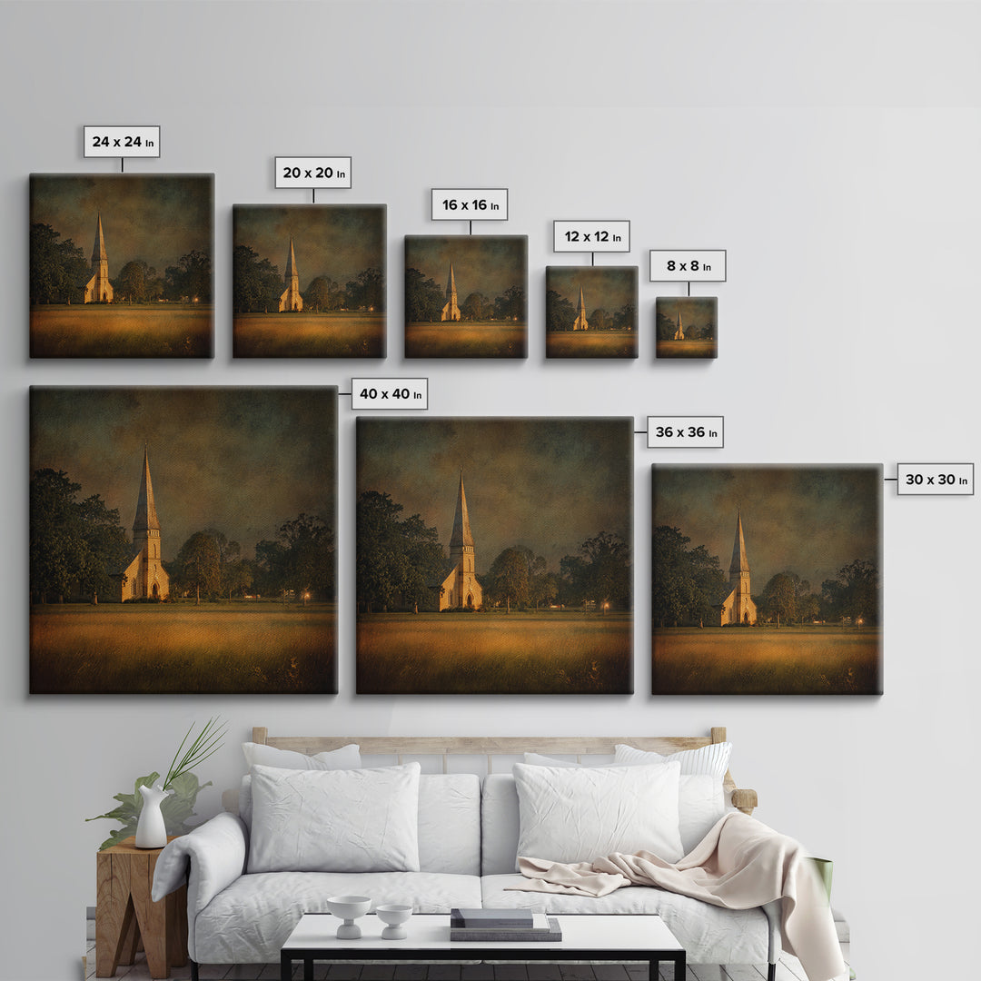 Church Steeple Across Rural Meadow Canvas Print, Traditional Art, Minimalist Decor, Living Room Decor, Oil Painting, Classic, TRA-1x1-85