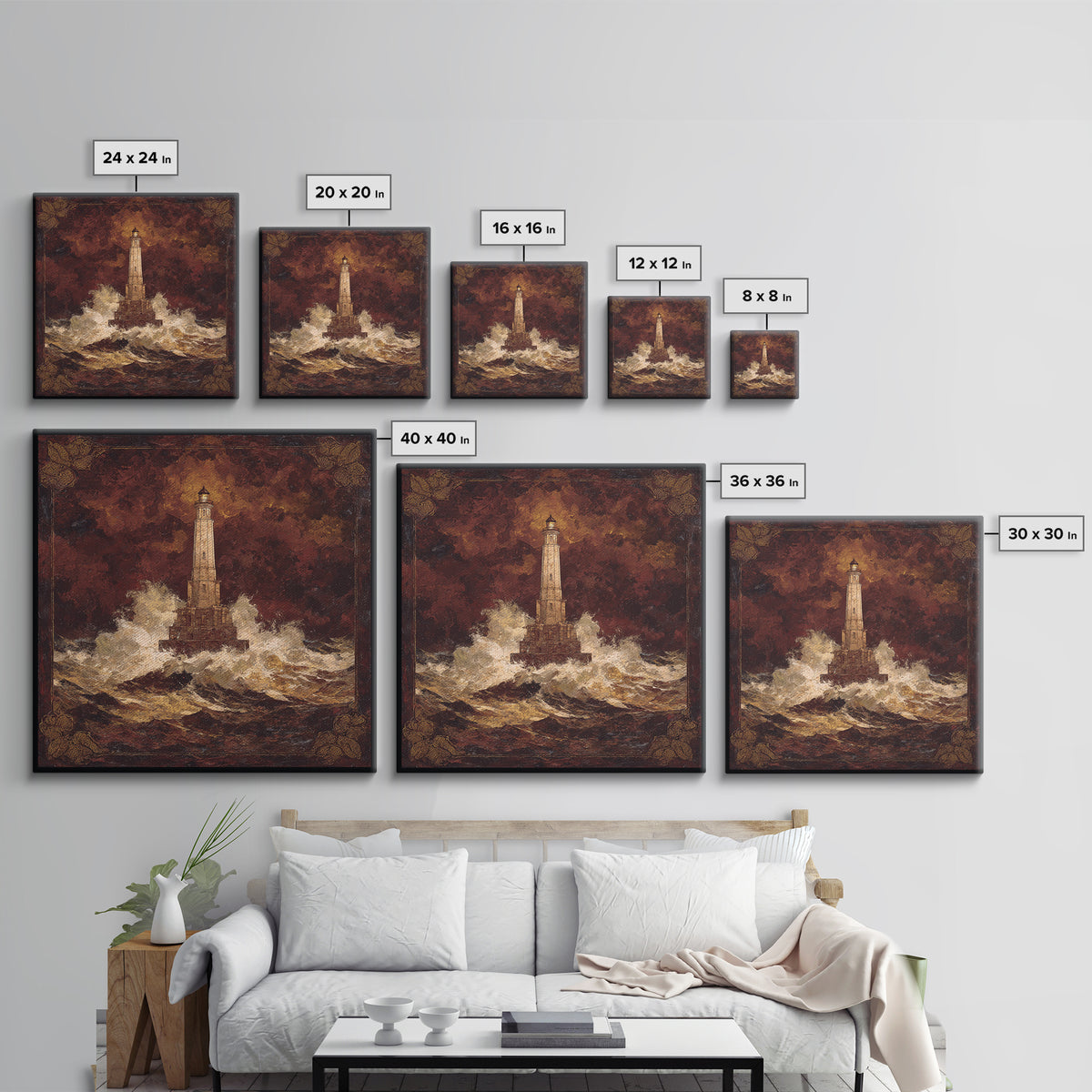 Lighthouse with Crashing Waves Framed Canvas Print, Traditional Art, Wall Art, Living Room Decor, Oil Painting, Classic, TRA-1x1-93