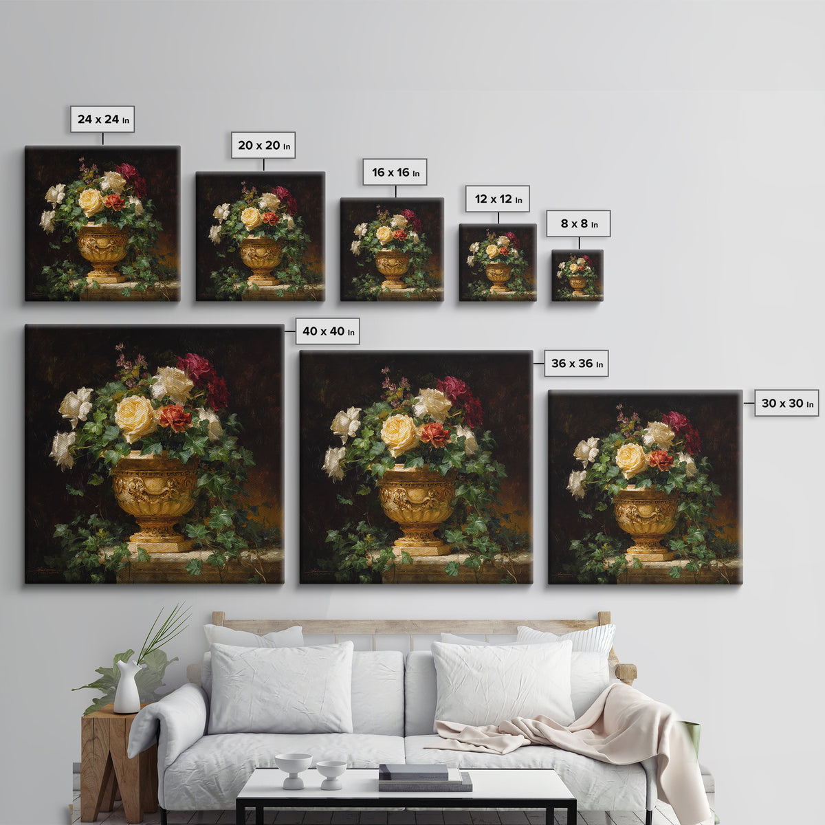 Garden Urn with Roses and Ivy Framed Canvas Print, Traditional Art, Decor, Living Room Decor, Fine Art, Classic, Japanese Art, TRA-1x1-96