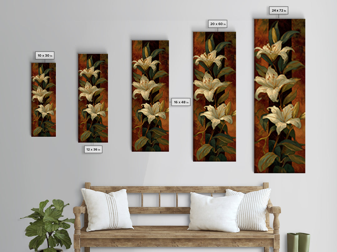 White Lilies on Dark Background Canvas Print, Traditional Art, Landscape, Living Room Decor, Abstract Art, Classic, TRA-1x3-51