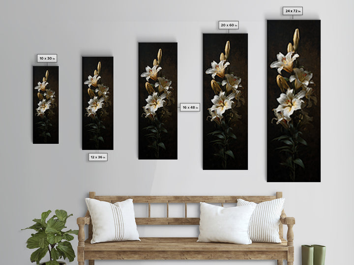 White Lilies on Dark Background Framed Canvas Print, Traditional Art, Neutral Decor, Living Room Decor, Fine Art, Classic, TRA-1x3-75