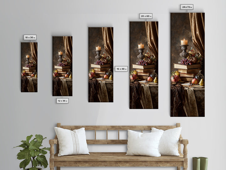 Still Life of Books Candle and Fruit Framed Canvas Print, Traditional Art, Contemporary Art, Living Room Decor, Classic, TRA-1x3-8