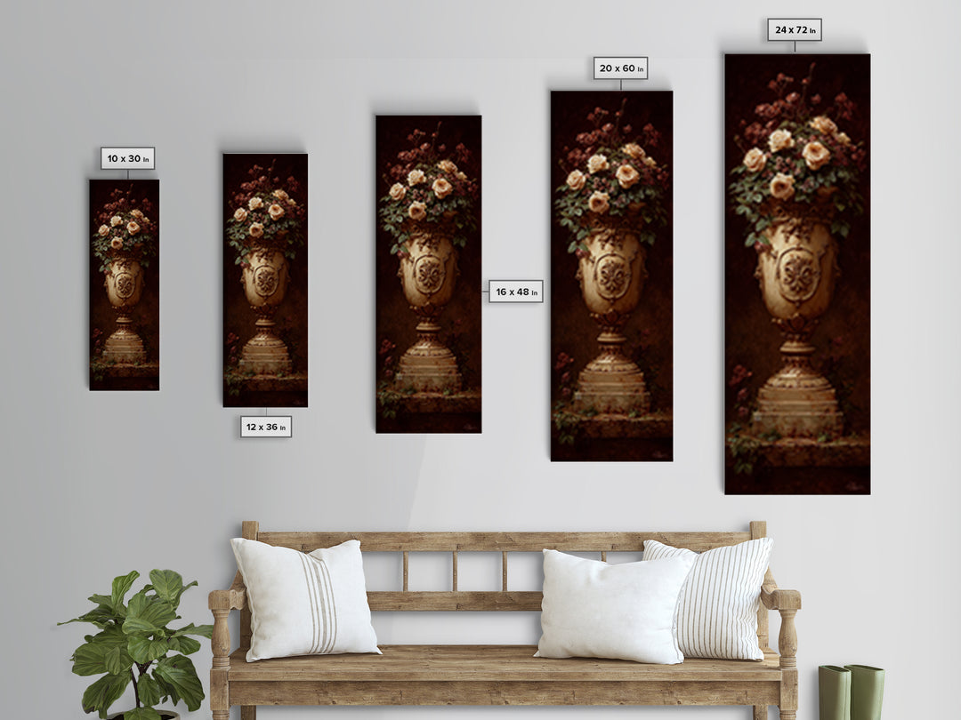 Garden Urn with Roses and Ivy Framed Canvas Print, Traditional Art, Art Commissions, Living Room Decor, Oil Painting, Classic, TRA-1x3-84