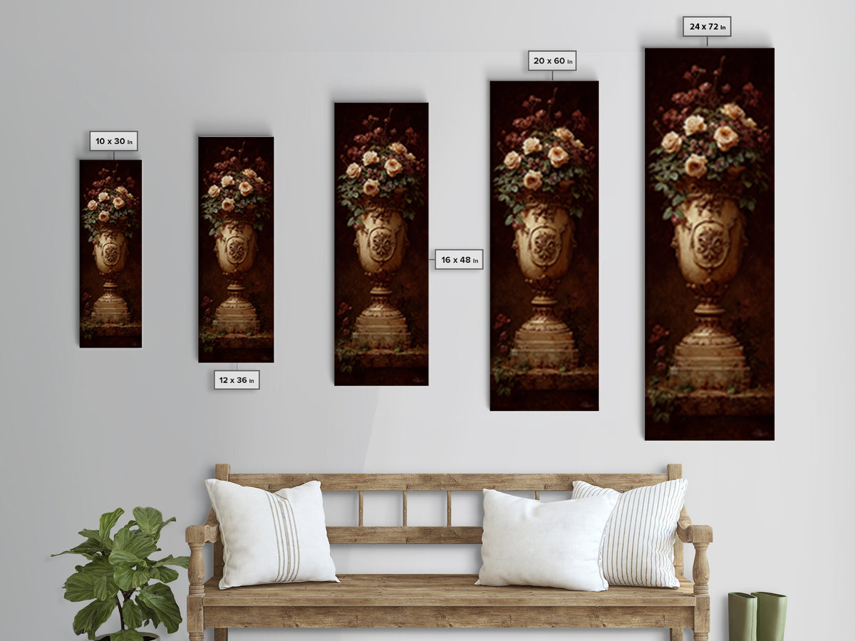 Garden Urn with Roses and Ivy Framed Canvas Print, Traditional Art, Art Commissions, Living Room Decor, Oil Painting, Classic, TRA-1x3-84