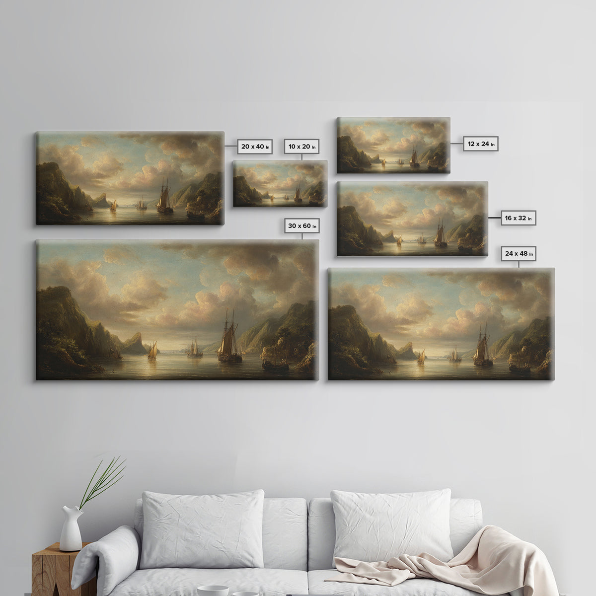 Seascape with Sailboats and Cloudy Sky Framed Canvas Print, Traditional Art, Digital Art, Living Room Decor, Fine Art, Classic, TRA-2x1-1